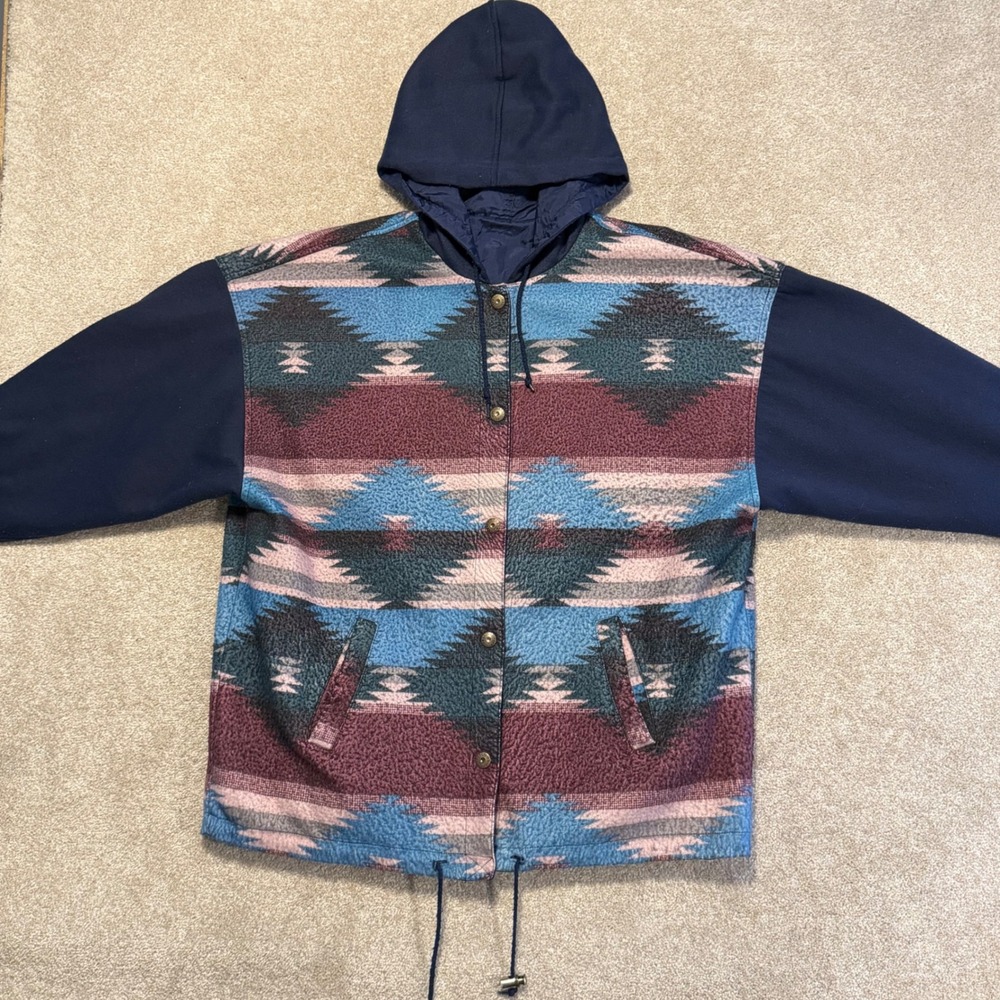Braetan Reversible Jacket Womens OS Blue Southwestern Fleece Hooded‎ Snap Front